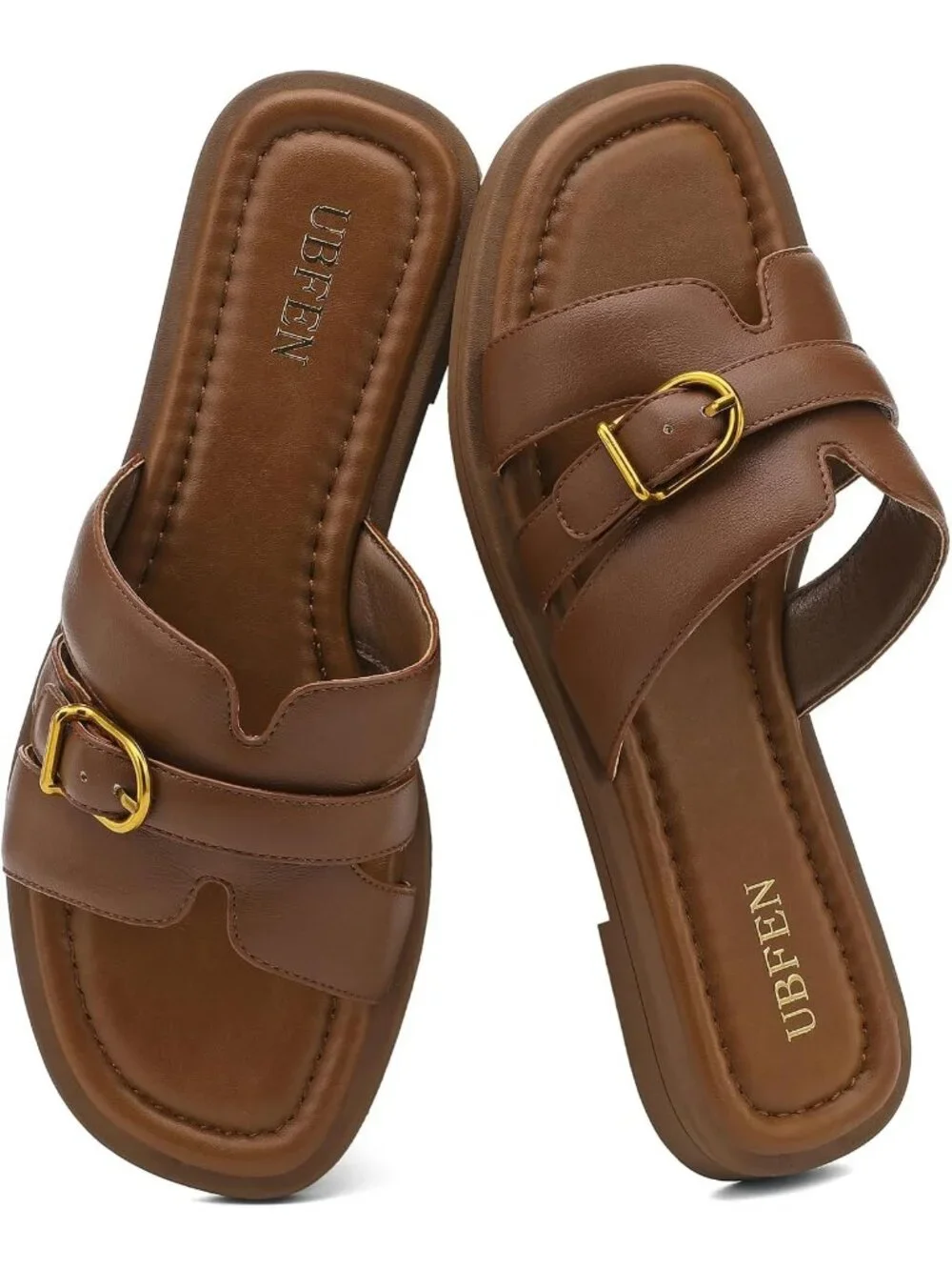 Women's Dark Brown Square Toe Flat Sandals Slides Dressy Comfortable for Beach